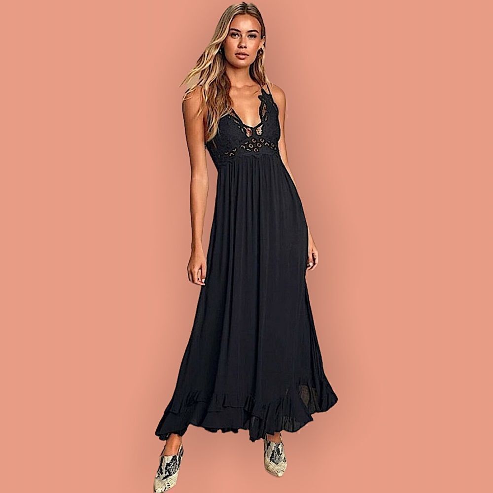 Free People Adella Maxi Slip Dress Black